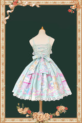 Green [Macarons Dolly House] Square Collar Sleeveless Printed Bow Sweet Lolita Jsk Dress - Product - 3