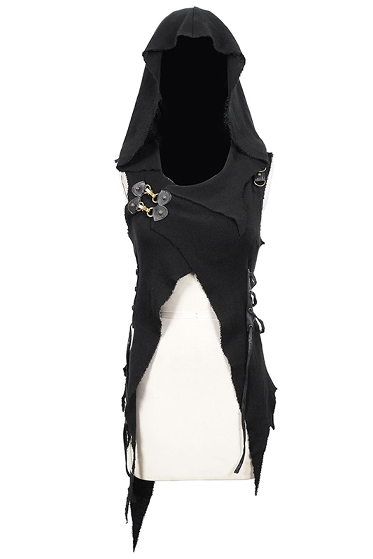 Black Sleeveless Irregular Hooded Womens Gothic Vest - Product - 8