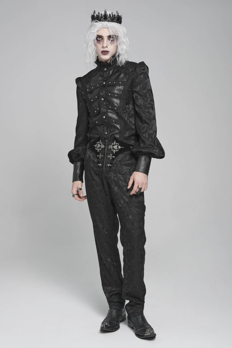 Black Stand Collar Long Lantern Sleeves Floral Print Embroidery Men's Gothic Blouse - Product - 9