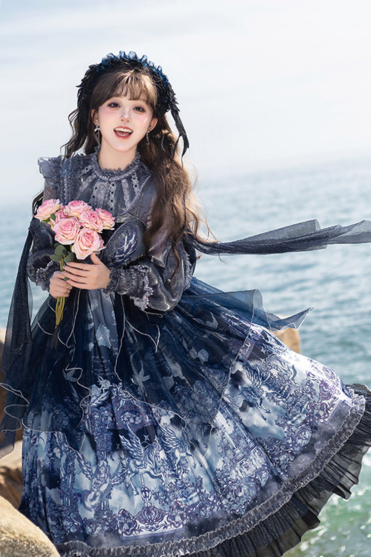 Blue [Angel Garden] Print Ruffle Bowknot Asymmetric Classic Elegant Lolita Jsk Dress - Product - 10