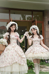 Ivory [Rose After The Rain] Short Sleeves Triple-Layered Print Ruffle Bowknot Lace-Up Sweet Lolita Short Dress - Product - 14