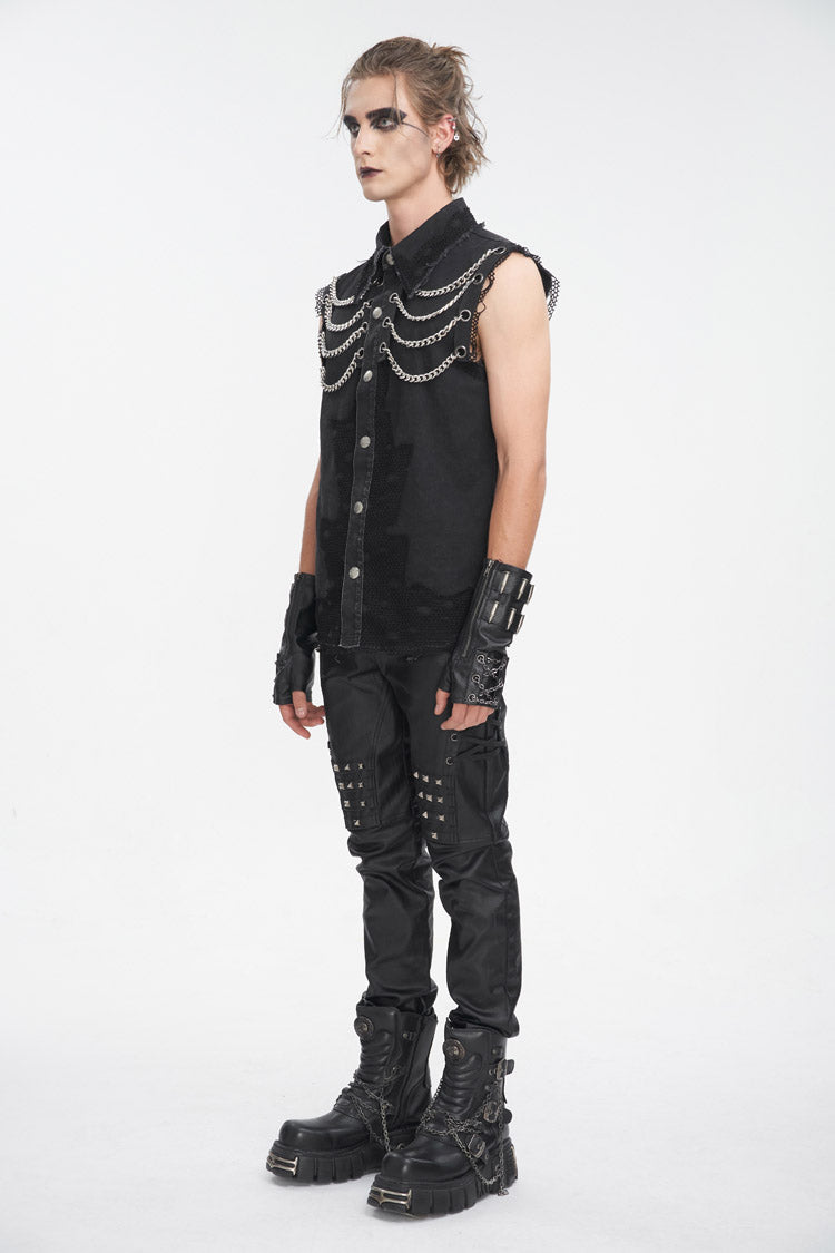 Black Lapel Collar Sleeveless Slim Men's Punk Vest - Product - 3