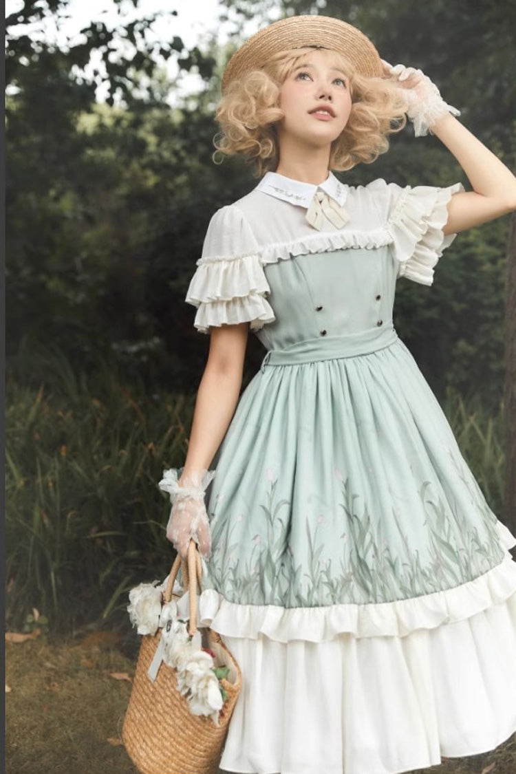 White/Green Lapel Collar Wizard Of Oz Short Sleeves Ruffle Bowknot Sweet Lolita Dress - Product - 4
