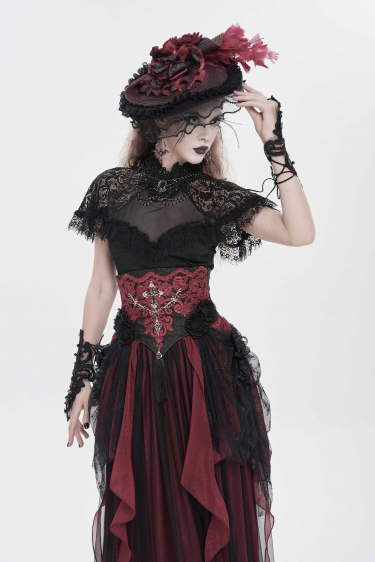 Black/Red Embroidered Lace Women's Gothic Underbust Corset Embroidered Rose Cross Underbust Corset - Product - 10