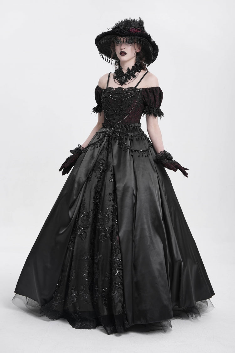 Black Off Shoulder Short Sleeves Jacquard Cardigan Stitching Lace Women's Gothic Dress - Product - 2