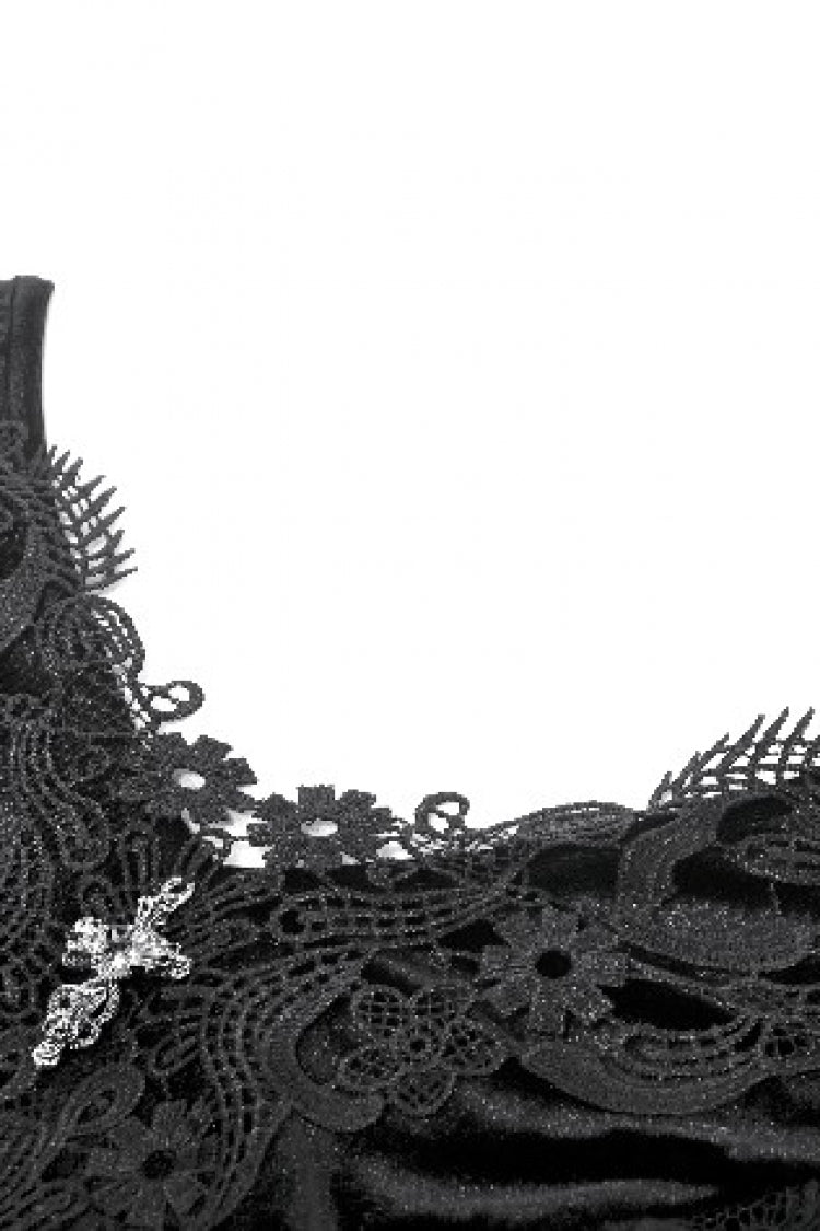 Black Trumpet Sleeves Multi-Layered Lace Velvet Embroidered Lace-Up Women's Gothic Dress - Product - 12