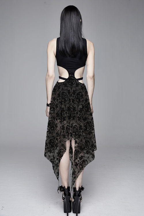 Black Semilucent Queen Cross Flocking Printed Sleeveless Sexy Mesh Gothic Womens Dress - Product - 5