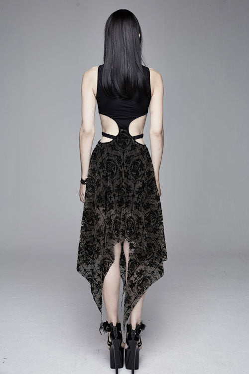 Black Semilucent Queen Cross Flocking Printed Sleeveless Sexy Mesh Gothic Womens Dress - Product - 5
