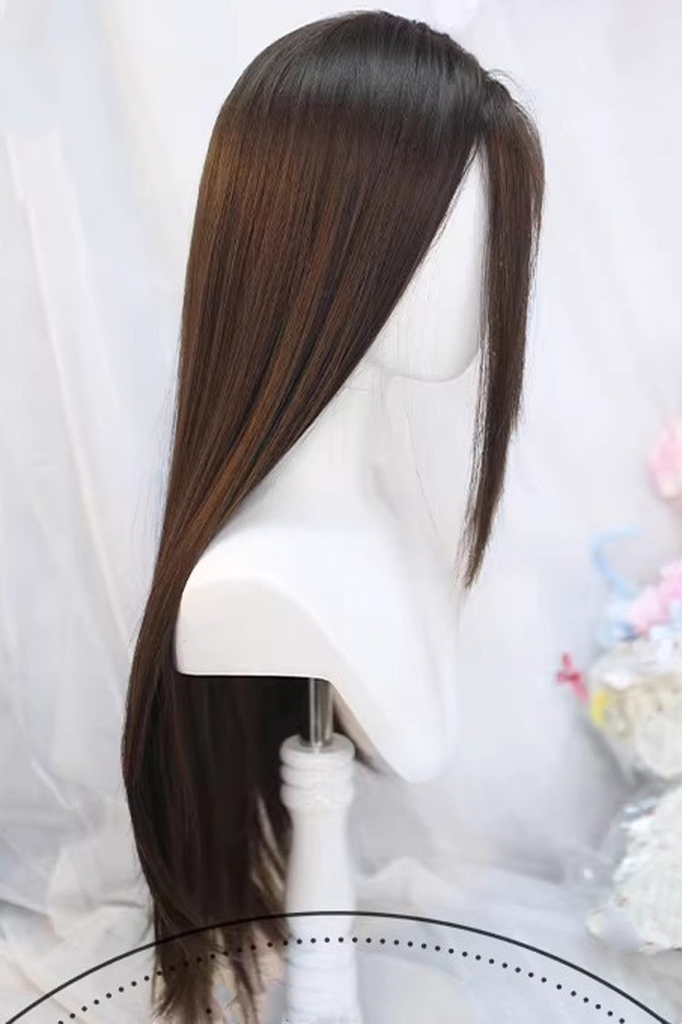 Cool Brown Natural Long Straight Wig with Curtain Bangs Sweet Daily Style - Product - 2