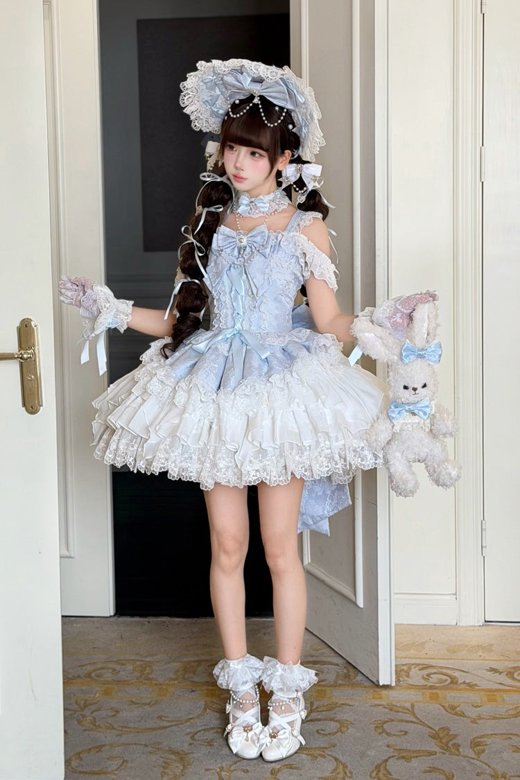 Blue [Pearl Ballet] Square Collar Sleeveless Multi-Layered Ruffled Bow Lace-Up Pearl-Decorated Sweet Ballet Lolita Jsk Dress - Product - 6