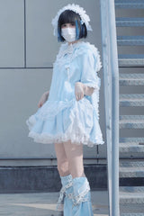 Blue Rabbit Ears Hooded Bowknot Lace Sweet Lolita Coat Set - Product - 7