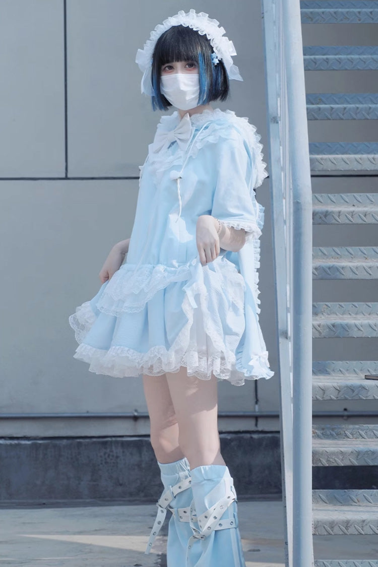 Blue Rabbit Ears Hooded Bowknot Lace Sweet Lolita Coat Set - Product - 7