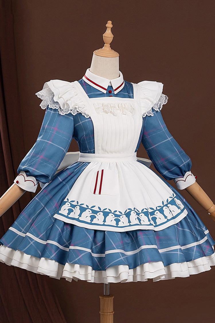 Blue Arknights Amiya Cosplay Half Sleeves Print Ruffle Bowknot Sweet Maid Lolita Dress Set - Blue - 1