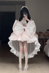 Pink Boat Neck Ruffled Bow Sweet Princess Lolita Dress - Product - 9
