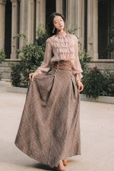 Pink/Brown Stand Collar Long Lantern Sleeves Ruffled Lace-Up Classic Vintage Lolita Skirt Set - Product - 3