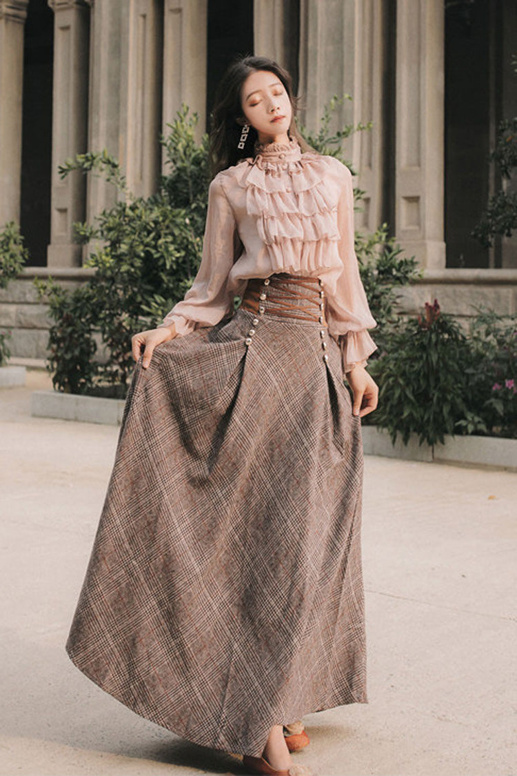 Pink/Brown Stand Collar Long Lantern Sleeves Ruffled Lace-Up Classic Vintage Lolita Skirt Set - Product - 3