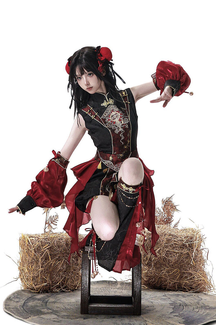 Black/Red [Demon Hunter] Stand Collar Sleeveless Embroidered Gothic Chinese Inspired Cool Ouji Hanfu Set - Product - 7