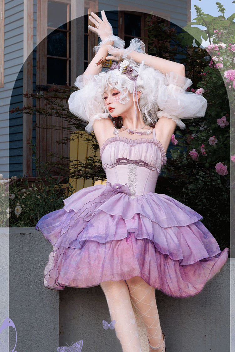 Purple Gradient The Forty-Fourth Sunset Oil Painting Triple-Layered Ruffle Bowknot Sweet Lolita Jsk Dress - Product - 5