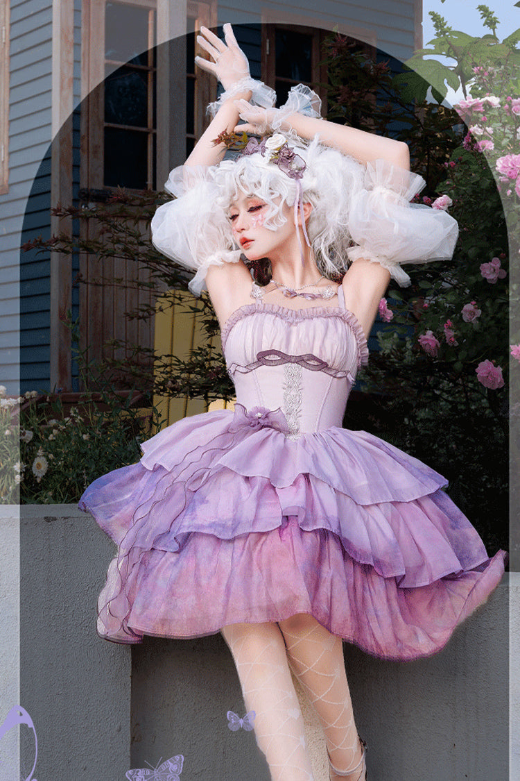 Purple Gradient The Forty-Fourth Sunset Oil Painting Triple-Layered Ruffle Bowknot Sweet Lolita Jsk Dress - Product - 5