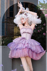 Purple Gradient The Forty-Fourth Sunset Oil Painting Triple-Layered Ruffle Bowknot Sweet Lolita Jsk Dress - Product - 5