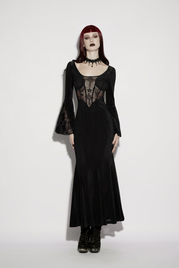 Black Round Collar Long Trumpet Sleeves Spliced Lace Lace-Up Slim Mesh Eyelet Women's Gothic Gorgeous Dress Graduation Dress - Product - 5