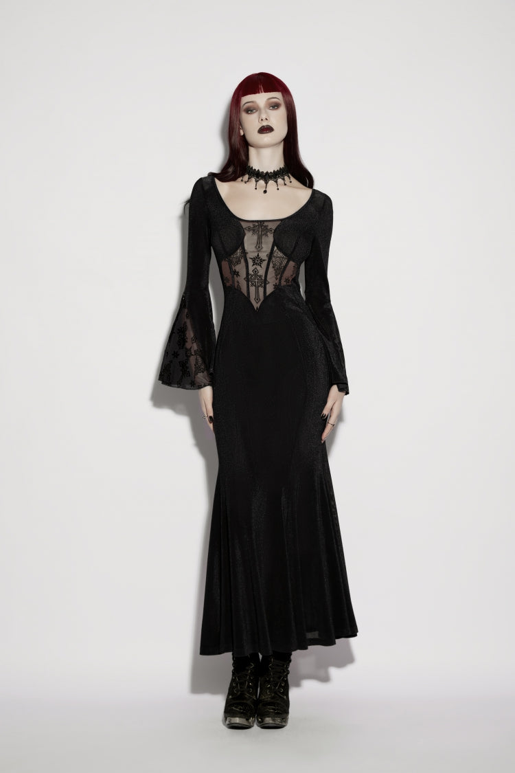 Black Round Collar Long Trumpet Sleeves Spliced Lace Lace-Up Slim Mesh Eyelet Women's Gothic Gorgeous Dress Graduation Dress - Product - 5