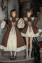 Brown/Beige [Nutcracker] Stand Collar Long Trumpet Sleeves Ruffle Cardigan Bowknot Lace-Up Sweet Lolita Dress Set 2 Versions - Product - 3