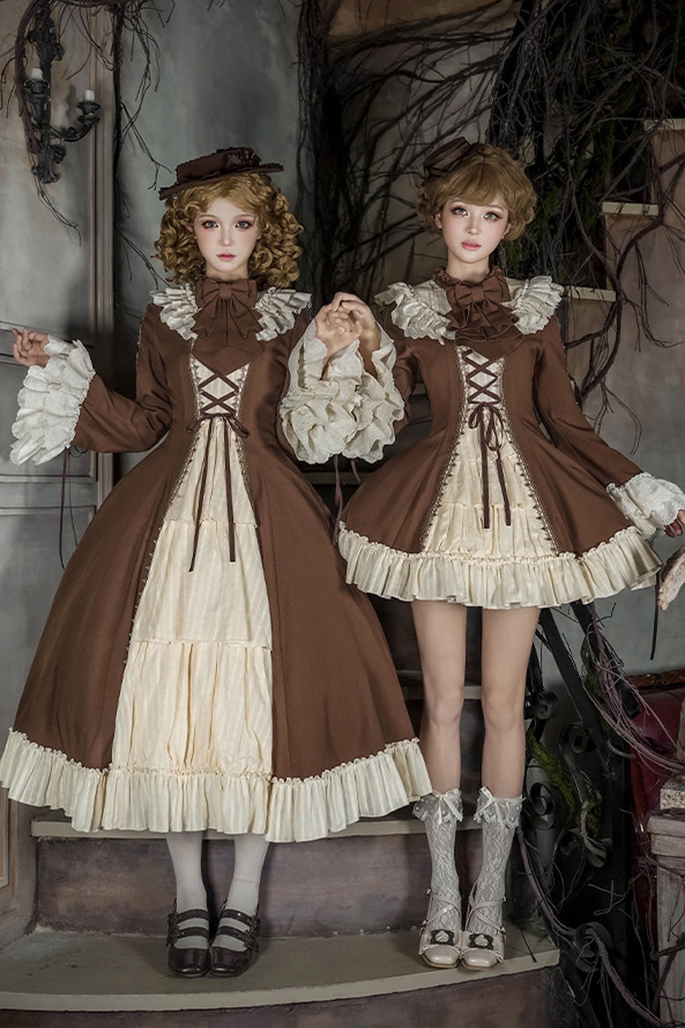 Brown/Beige [Nutcracker] Stand Collar Long Trumpet Sleeves Ruffle Cardigan Bowknot Lace-Up Sweet Lolita Dress Set 2 Versions - Product - 3