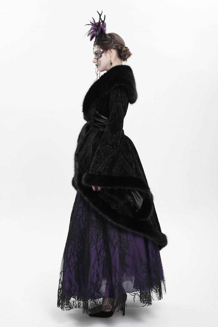 Black Long Sleeves Floral Embroidery Women's Gothic Fluffy Coat - Product - 8