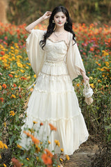 Apricot Bohemian Style Sleeveless Ruffled Embroidered Sweet Lolita Skirt Set - Apricot - 1