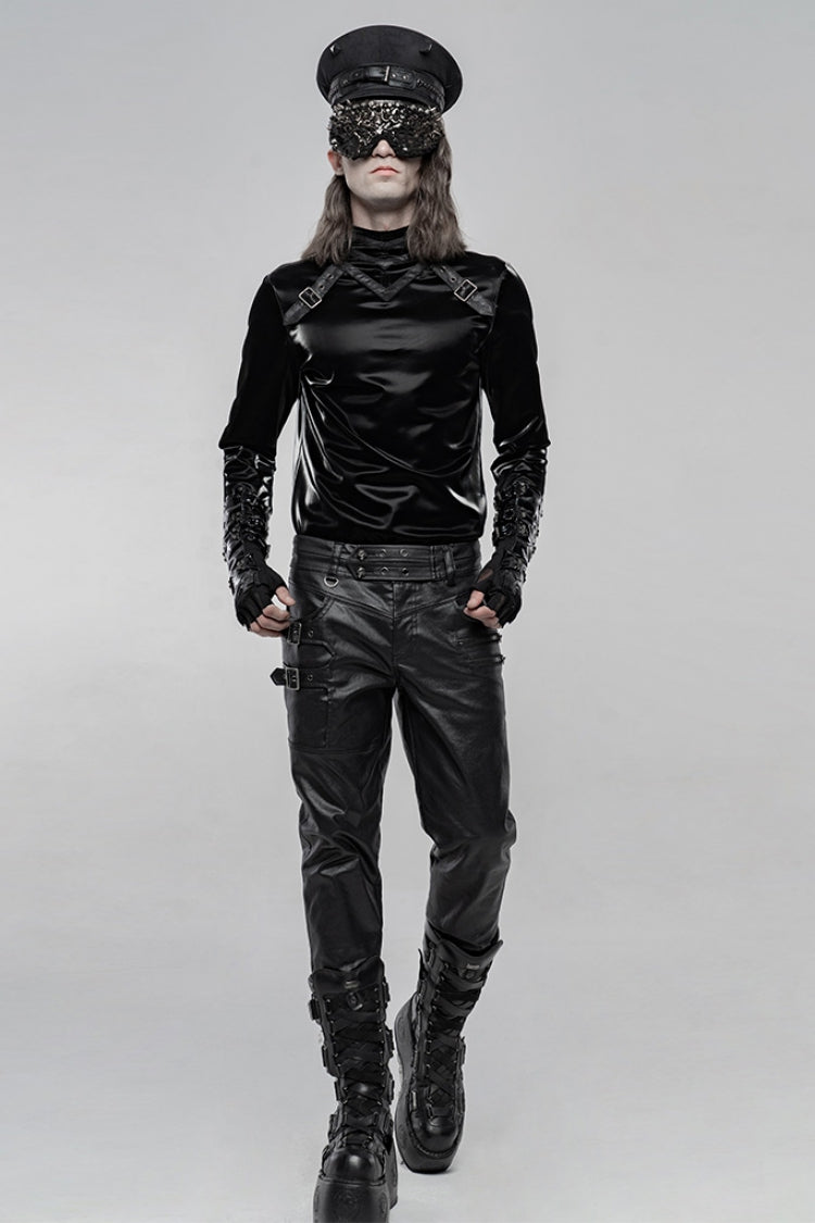 Black High Collar Long Sleeves Imitation Shark Skin Stitching Men's Gothic T-Shirt - Product - 4