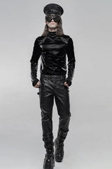 Black High Collar Long Sleeves Imitation Shark Skin Stitching Men's Gothic T-Shirt - Product - 4