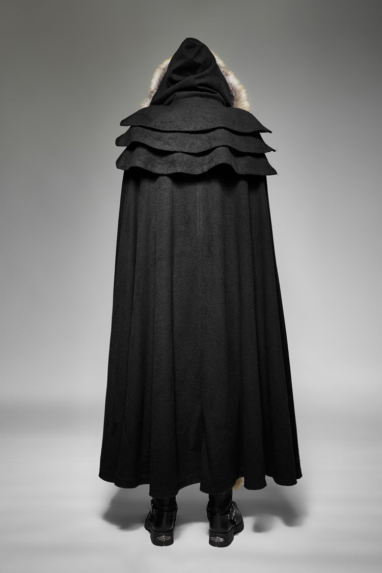 Black Hooded Fur Collar Wool Long Mens Gothic Coat Cloak - Product - 5
