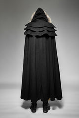 Black Hooded Fur Collar Wool Long Mens Gothic Coat Cloak - Product - 5