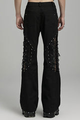 Black Stitching Lace-Up Mesh Men's Gothic Flared Pants - Product - 3