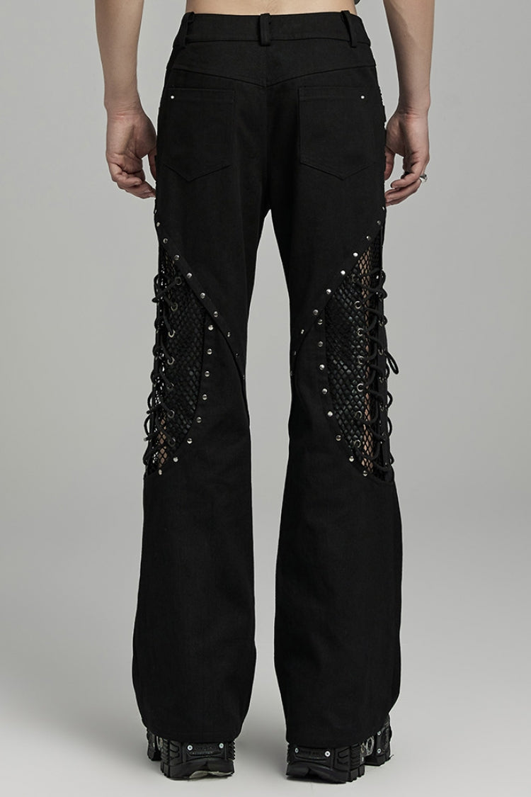 Black Stitching Lace-Up Mesh Men's Gothic Flared Pants - Product - 3