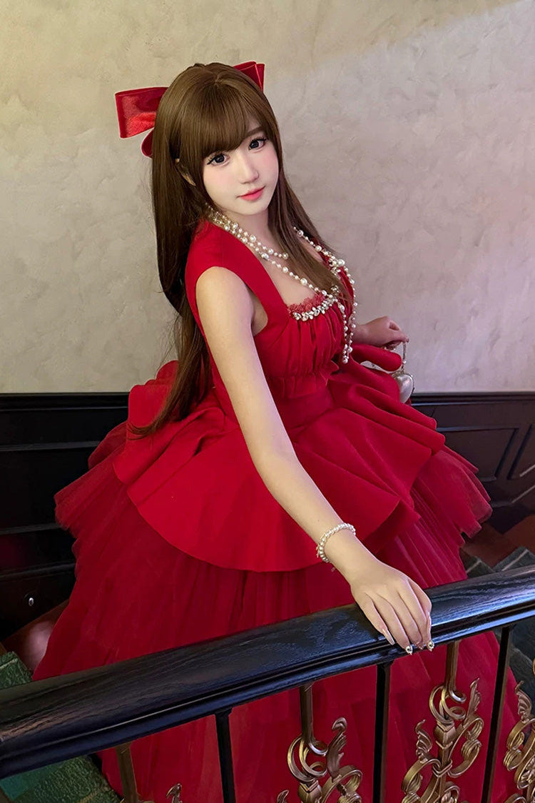 Red [Romantic Rose] Square Collar Sleeveless Ruffled Classic Ballet Lolita Dress - Product - 11