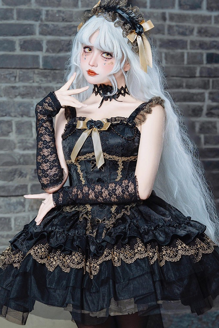 Black [Fleeting Light and Shallow Dream] Sleeveless Multi-Layered Ruffle Bowknot Lace Slim Gothic Ballet Lolita Jsk Dress - Black - 1
