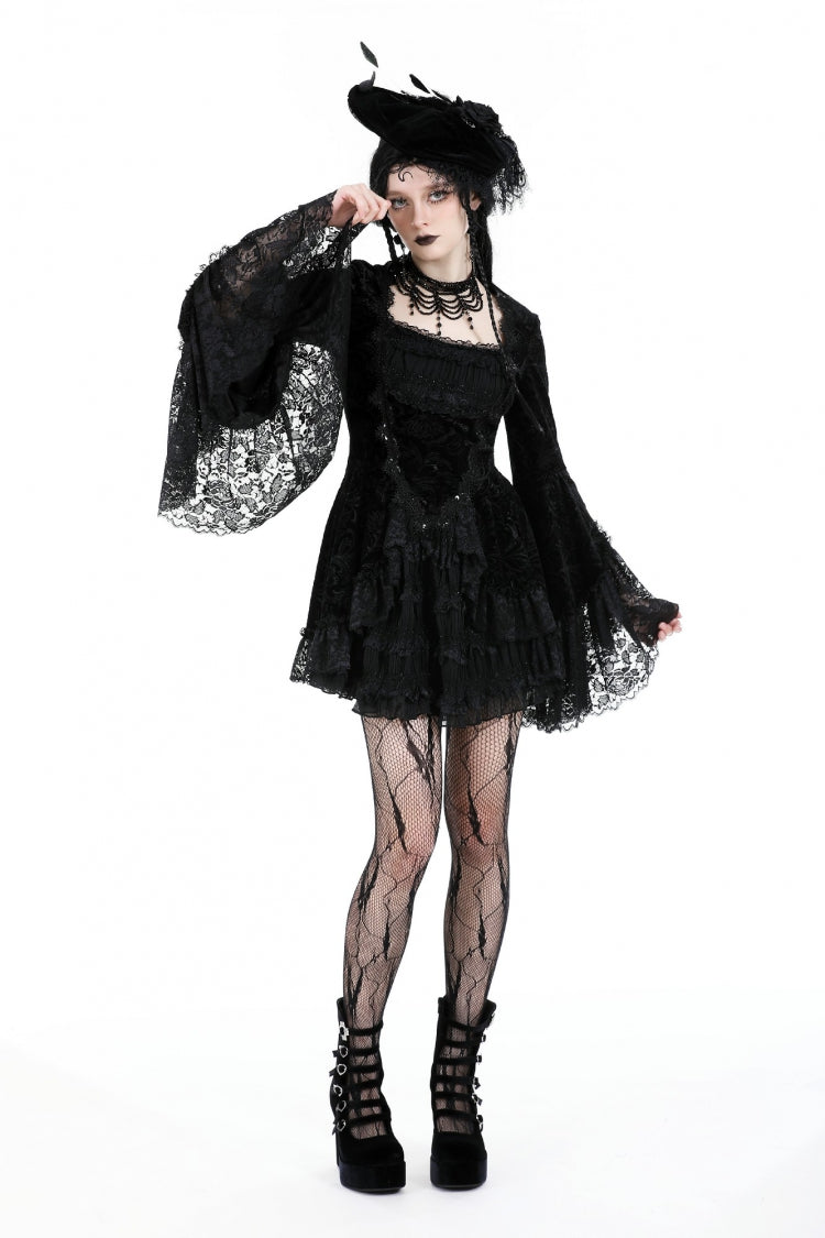 Black Square Collar Long Flared Sleeves Multi-Layered Lace Trim Lace-Up Women's Gothic Velvet Dress - Product - 10