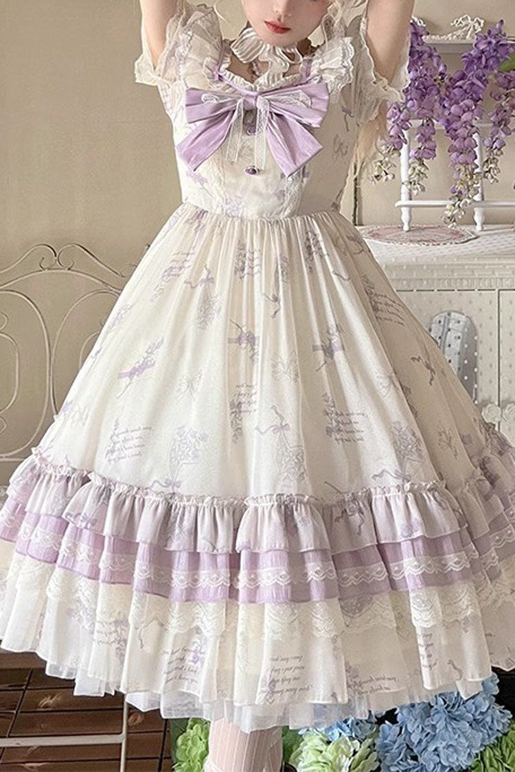 Letters and Poems Starry Bellflower Print Short Sleeve Square Neck Sweet Lolita Dress - Purple - 1