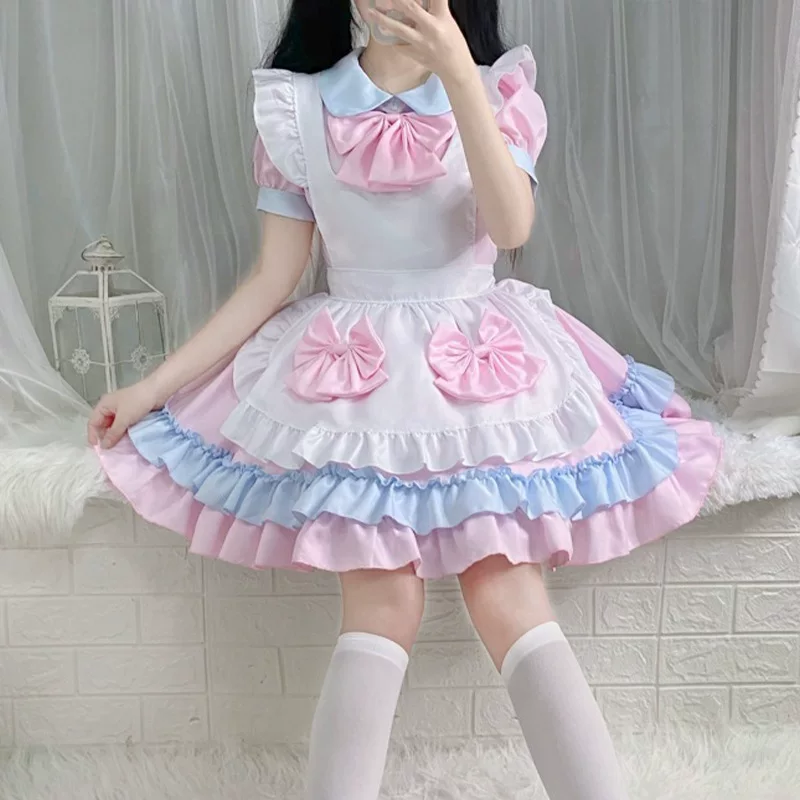 Brown and Pink Ruffled Maid Lolita Dress with Apron Bow Accent - view 4