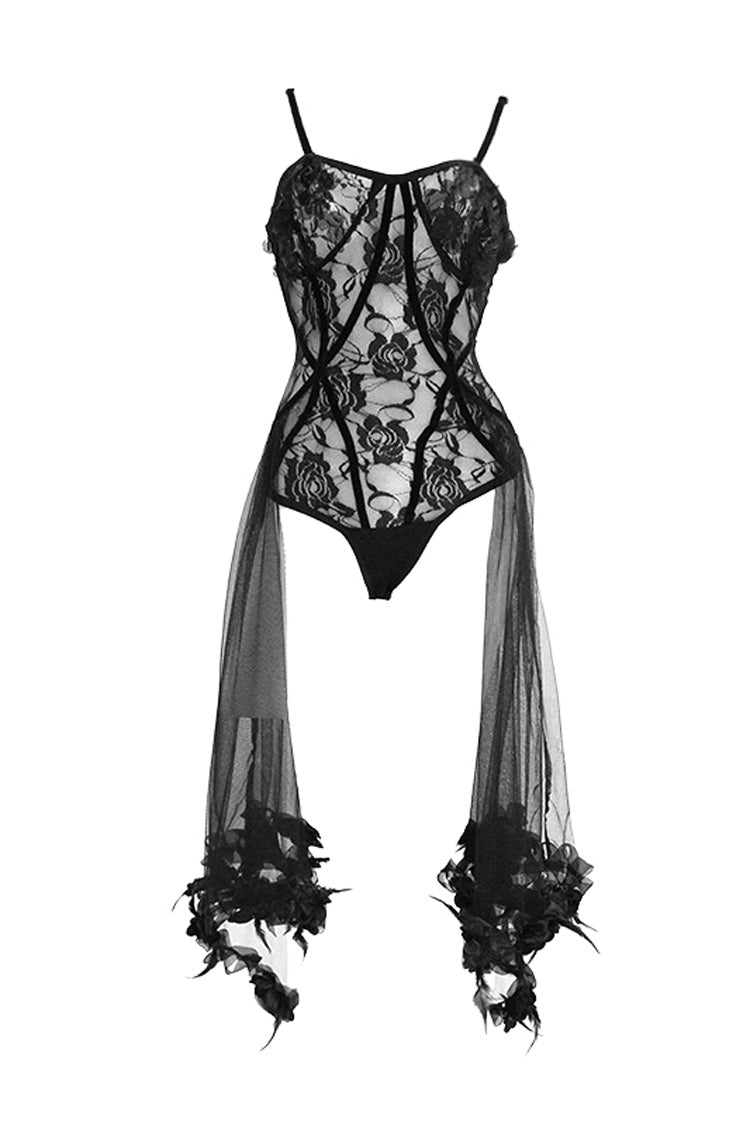 Black Translucent Rose Lace Mesh Hem Sling Women's Gothic Jumpsuit - Product - 7