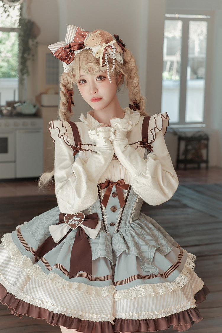 Sweet Square Collar Sleeveless Multi-Layered Printed Ruffled Bow Fishbone Lolita Dress 2 Colors (Mint Green, Chocolate Brown) - Product - 9