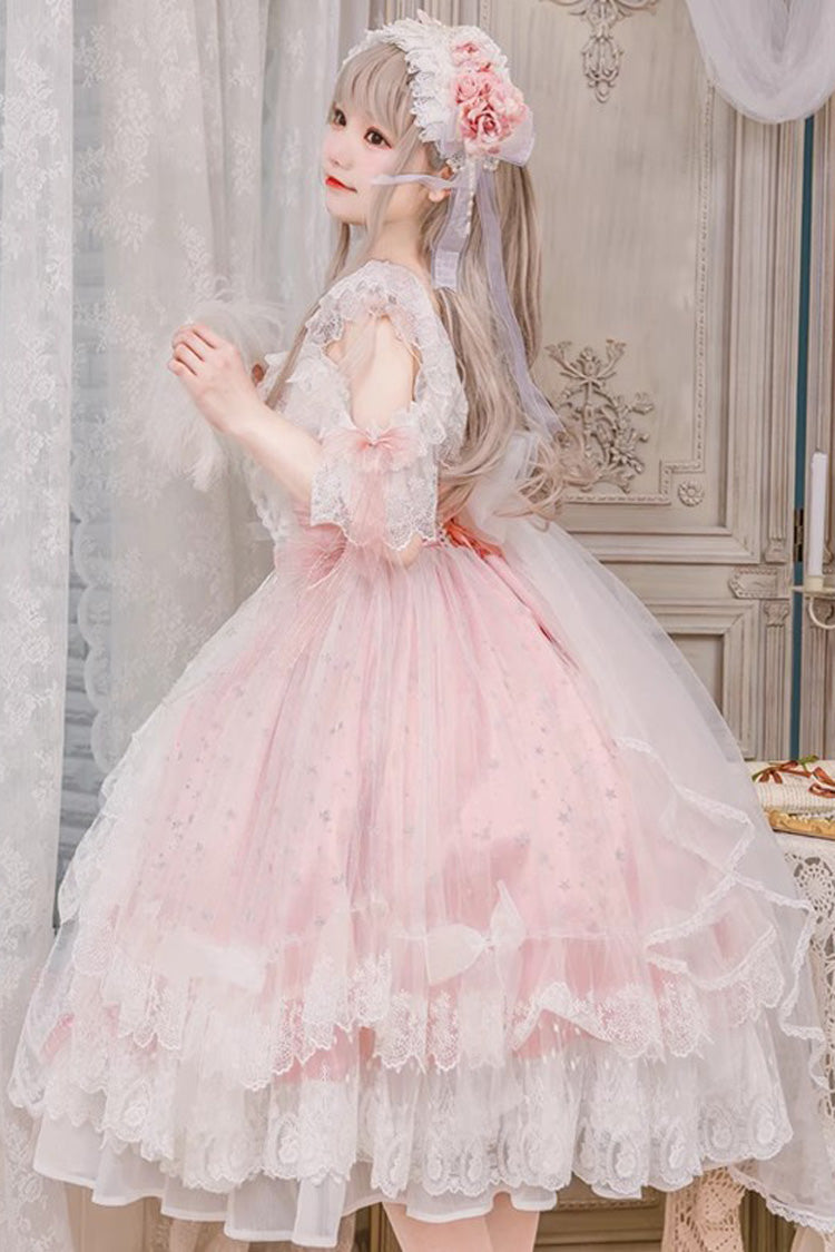 Pink [Glazed Phantom] Off Shoulder Ruffle Hanayome Bowknot Lace Sweet Elegant Lolita Dress - Product - 5