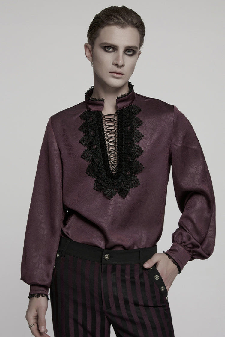 Red Stand Collar Long Sleeves Ruffle Embroidery Lace-Up Plunging Rose Men's Gothic Blouse - Red - 1
