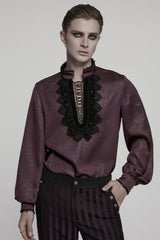 Red Stand Collar Long Sleeves Ruffle Embroidery Lace-Up Plunging Rose Men's Gothic Blouse - Red - 1
