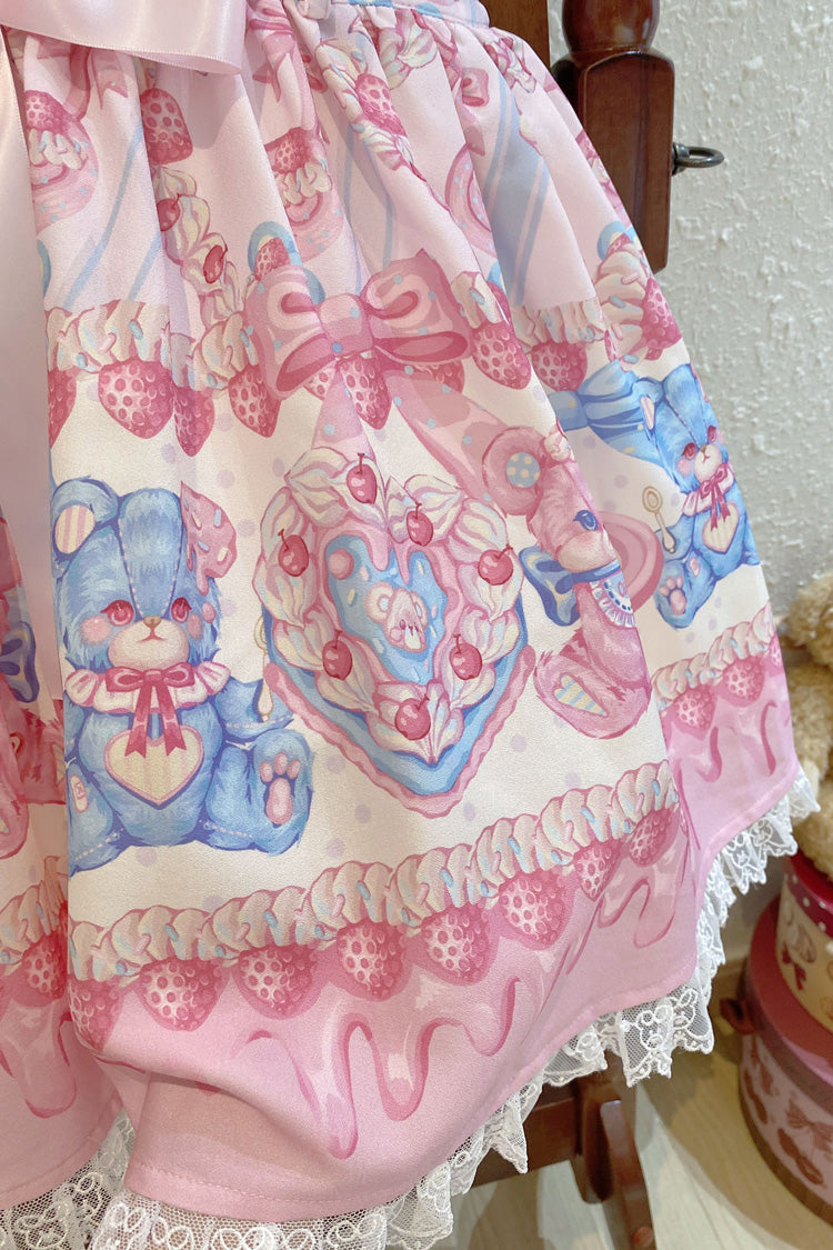 Milky Berry Bear Print Pink Bowknot Stitching Lace Sweet Lolita Strap Dress - Product - 10