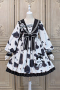 White/Black Navy Collar Headbow Ruffled Stitching Cow Print Sweet (Dress Only) front view