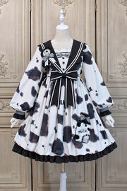White/Black Navy Collar Headbow Ruffled Stitching Cow Print Sweet (Dress Only) front view