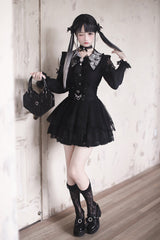 Black [Dreamy Love Ballad] Lapel Collar Long Sleeves Double-Layered Ruffled Cut-Out Bow Gothic Japanese Jirai Kei Skirt Set - Product - 7